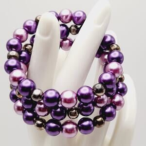 Vintage 1950s Purple Faux Pearl Memory Wire Bracelet